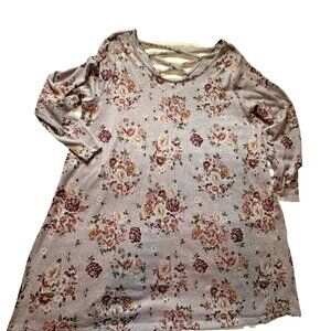 Just Be Women's Multi Color Floral Gray Round Neck Long Sleeve Dress Size 3X